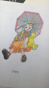Rating: Safe Score: 0 Tags: 1girl :d bow dress frills full_body green_eyes holding holding_umbrella image kanaria long_sleeves open_mouth parasol rain signature smile solo traditional_media umbrella User: admin