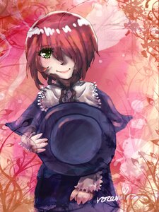 Rating: Safe Score: 0 Tags: 1girl green_eyes hair_over_one_eye hat hat_removed headwear_removed holding holding_clothes holding_hat image long_sleeves looking_at_viewer plant red_hair short_hair smile solo souseiseki User: admin