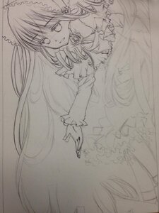 Rating: Safe Score: 0 Tags: 1girl bow dress frills greyscale image long_hair long_sleeves monochrome outstretched_arm shinku simple_background sketch smile solo traditional_media very_long_hair User: admin