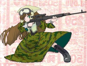 Rating: Safe Score: 0 Tags: 1girl artist_request boots brown_hair camouflage dress drill_hair goggles green_dress green_eyes gun heterochromia image long_hair long_sleeves machine_gun military_operator psl_romak red_eyes rifle rozen_maiden sniper_rifle solo suiseiseki very_long_hair weapon User: admin