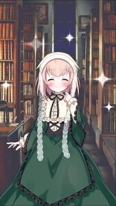Rating: Safe Score: 0 Tags: 1girl ^_^ blush book bookshelf closed_eyes dress facing_viewer frills green_dress image long_sleeves ribbon smile solo sparkle suiseiseki User: admin