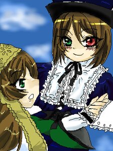 Rating: Safe Score: 0 Tags: 2girls blue_dress brown_hair cloud dress frills green_dress green_eyes hat image long_hair long_sleeves multiple_girls oekaki outdoors pair red_eyes short_hair siblings sisters sky smile souseiseki suiseiseki twins User: admin