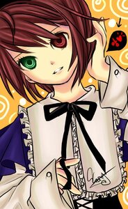 Rating: Safe Score: 0 Tags: 1girl bangs brown_hair frills green_eyes heterochromia image long_sleeves looking_at_viewer orange_background red_eyes ribbon short_hair smile solo souseiseki upper_body User: admin