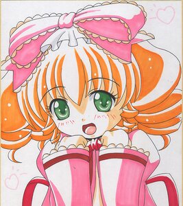Rating: Safe Score: 0 Tags: 1girl blush drill_hair eyebrows_visible_through_hair frills green_eyes heart hina_ichigo hinaichigo image long_sleeves looking_at_viewer marker_(medium) open_mouth pastel_(medium) shikishi smile solo traditional_media User: admin