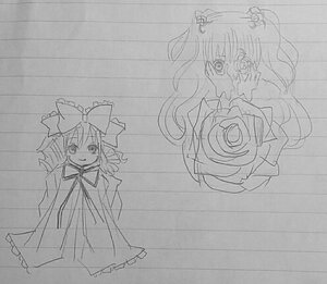 Rating: Safe Score: 0 Tags: 2girls bow greyscale hair_bow hinaichigo image kirakishou long_hair long_sleeves monochrome multiple_girls pair smile tears traditional_media wide_sleeves User: admin