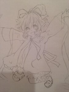 Rating: Safe Score: 0 Tags: 1girl :d auto_tagged bow cape hair_bow hinaichigo image long_sleeves looking_at_viewer monochrome open_mouth photo shoes short_hair skirt smile solo traditional_media User: admin