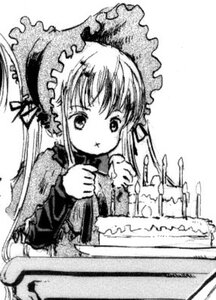 Rating: Safe Score: 0 Tags: 1girl :t dress eating food greyscale image long_hair long_sleeves monochrome shinku simple_background solo table twintails upper_body white_background User: admin