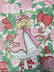 Rating: Safe Score: 0 Tags: 1girl blonde_hair bow colored_pencil_(medium) dress flower food frills fruit hair_bow heart hina_ichigo hinaichigo image leaf marker_(medium) pantyhose pink_bow ribbon rose shoes short_hair solo strawberry traditional_media watercolor_(medium) User: admin