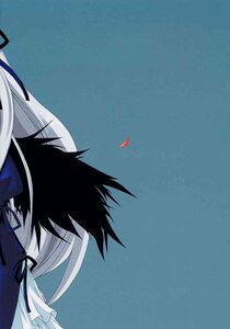 Rating: Safe Score: 0 Tags: 1boy 1girl blue_background doujinshi doujinshi_#68 hair_ribbon image long_hair multiple ribbon solo white_hair User: admin