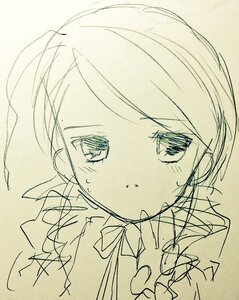 Rating: Safe Score: 0 Tags: 1girl blush eyebrows_visible_through_hair image kanaria looking_at_viewer monochrome ribbon signature sketch solo sweat traditional_media User: admin