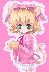 Rating: Safe Score: 0 Tags: 1girl animal_ears aqua_eyes blonde_hair bloomers bow cat_ears cat_tail dress hair_bow hina_ichigo hinaichigo image long_sleeves looking_at_viewer pink_background pink_bow pink_dress pink_theme ribbon short_hair simple_background solo tail underwear User: admin