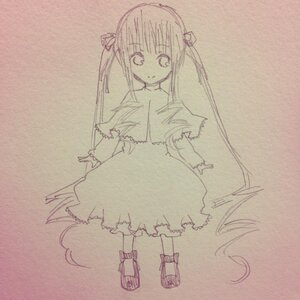 Rating: Safe Score: 0 Tags: 1girl closed_mouth dress full_body image kaname_madoka long_hair looking_at_viewer monochrome photo shinku simple_background smile solo standing traditional_media twintails very_long_hair User: admin