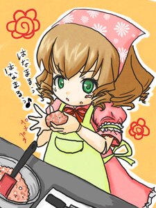 Rating: Safe Score: 0 Tags: 1girl apron brown_hair dress food fruit green_eyes head_scarf hinaichigo image orange_background pink_dress puffy_short_sleeves puffy_sleeves short_sleeves solo tears yellow_background User: admin