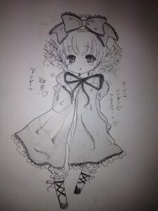 Rating: Safe Score: 0 Tags: 1girl blush bow dress drill_hair full_body graphite_(medium) greyscale hinaichigo image long_sleeves looking_at_viewer monochrome photo ribbon solo traditional_media User: admin