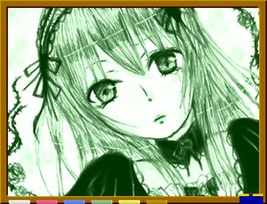 Rating: Safe Score: 0 Tags: 1girl black_border border close-up green_theme hair_ribbon hairband image lolita_hairband long_hair looking_at_viewer monochrome ribbon shikishi simple_background solo suigintou User: admin