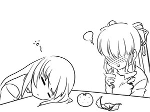 Rating: Safe Score: 0 Tags: 2girls blush comic greyscale image long_hair monochrome multiple_girls pair shinku striped suigintou underwear User: admin