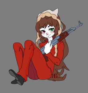 Rating: Safe Score: 0 Tags: 1girl blush bodysuit brown_hair full_body gloves green_eyes gun heterochromia image red_eyes smile solo suiseiseki transparent_background weapon User: admin