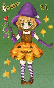 Rating: Safe Score: 0 Tags: 1girl blonde_hair elbow_gloves gloves green_eyes halloween hat heart hinaichigo image jack-o'-lantern pumpkin smile solo sparkle striped striped_legwear thighhighs witch_hat User: admin