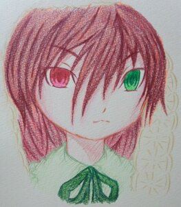 Rating: Safe Score: 0 Tags: 1girl bangs closed_mouth collared_shirt eyebrows_visible_through_hair green_eyes green_ribbon grey_background hair_over_one_eye image looking_at_viewer neck_ribbon portrait ribbon shirt short_hair simple_background solo souseiseki white_shirt User: admin