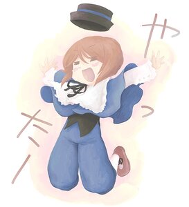 Rating: Safe Score: 0 Tags: 1girl bouncing_breasts brown_hair closed_eyes hat hat_removed headwear_removed image jumping long_sleeves open_mouth ribbon short_hair smile solo souseiseki User: admin