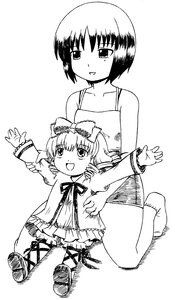 Rating: Safe Score: 0 Tags: 2girls :d blush bow dress drill_hair greyscale hina_ichigo hinaichigo image kashiwaba_tomoe kneeling long_sleeves monochrome multiple_girls open_mouth short_hair simple_background sisters smile solo striped white_background User: admin