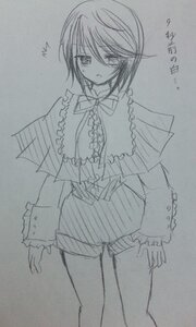 Rating: Safe Score: 0 Tags: 1girl blush capelet frills image long_sleeves looking_at_viewer monochrome nagae_iku short_hair shorts sketch solo souseiseki traditional_media User: admin