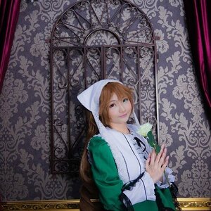 Rating: Safe Score: 0 Tags: 1girl blonde_hair blue_eyes curtains dress flower frame green_dress hood lips long_sleeves looking_at_viewer solo suiseiseki User: admin