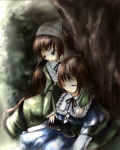 Rating: Safe Score: 0 Tags: 2girls blue_dress brown_hair closed_eyes dress green_dress green_eyes head_scarf heterochromia image long_hair long_sleeves multiple_girls pair red_eyes ribbon siblings sisters sitting sleeping souseiseki suiseiseki twins very_long_hair User: admin