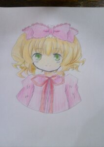 Rating: Safe Score: 0 Tags: 1girl blonde_hair bow dress green_eyes hair_bow hina_ichigo hinaichigo image looking_at_viewer photo pink_bow pink_dress portrait short_hair simple_background smile solo traditional_media upper_body User: admin