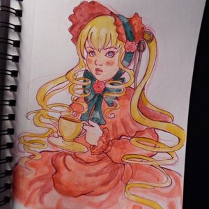 Rating: Safe Score: 0 Tags: 1girl blonde_hair blue_eyes bonnet bow cup dress flower holding_cup image long_hair long_sleeves looking_at_viewer marker_(medium) photo pink_flower pink_rose red_dress rose shinku sitting solo teacup traditional_media User: admin