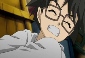 Rating: Safe Score: 0 Tags: 1boy :d bangs black-framed_eyewear black_hair blurry blurry_background close-up closed_eyes facing_viewer glasses human indoors open_mouth sakurada_jun screenshot smile solo teeth User: admin