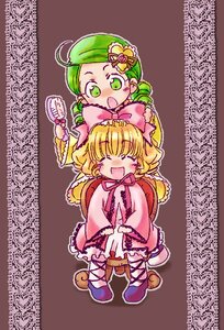 Rating: Safe Score: 0 Tags: 2girls ^_^ blonde_hair blush bow brown_background closed_eyes dress drill_hair green_eyes green_hair hina_ichigo hinaichigo image kanaria multiple_girls open_mouth pair pink_bow short_hair smile User: admin