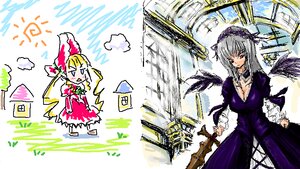 Rating: Safe Score: 0 Tags: 2girls auto_tagged blonde_hair breasts cleavage dress flower hairband image long_hair long_sleeves multiple_girls pair red_eyes shinku suigintou very_long_hair wings User: admin