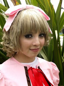 Rating: Safe Score: 0 Tags: 1girl bamboo bamboo_forest blonde_hair bow brown_eyes forest hat hinaichigo lips looking_at_viewer nature nose plant realistic ribbon short_hair solo sunlight traditional_media User: admin