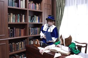 Rating: Safe Score: 0 Tags: 1boy book book_stack bookshelf brown_hair hat library sitting solo souseiseki User: admin