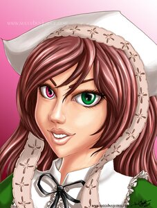 Rating: Safe Score: 0 Tags: 1girl artist_name black_ribbon frills green_eyes hat head_scarf image lips long_hair pink_background portrait ribbon smile solo suiseiseki watermark web_address User: admin