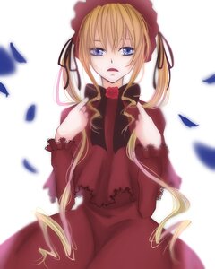 Rating: Safe Score: 0 Tags: 1girl blonde_hair blue_eyes blurry blurry_foreground bonnet depth_of_field dress flower image long_hair long_sleeves looking_at_viewer open_mouth petals red_capelet red_dress red_flower rose rose_petals shinku solo striped twintails white_background User: admin