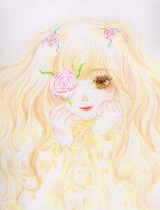 Rating: Safe Score: 0 Tags: 1girl blonde_hair colored_pencil_(medium) flower hair_ornament image kirakishou long_hair pink_flower pink_rose rose smile solo thorns traditional_media watercolor_(medium) yellow_eyes yellow_rose User: admin