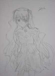 Rating: Safe Score: 0 Tags: 1girl barasuishou dress expressionless frills greyscale image long_hair long_sleeves looking_at_viewer monochrome simple_background solo standing traditional_media very_long_hair white_background User: admin
