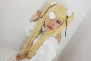Rating: Safe Score: 0 Tags: 1girl bangs blonde_hair eyepatch flower hair_flower hair_ornament kirakishou lips long_hair ribbon rose solo twintails white_flower white_rose User: admin