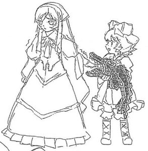 Rating: Safe Score: 0 Tags: 2girls boots closed_eyes dress frills full_body greyscale hat hinaichigo image long_hair long_sleeves monochrome multiple_girls pair pointy_ears simple_background standing suiseiseki white_background User: admin