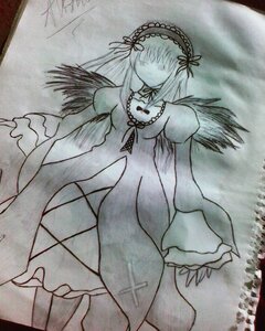 Rating: Safe Score: 0 Tags: 1girl arms_at_sides black_wings choker dress flower frilled_sleeves frills hair_over_eyes hairband image long_hair long_sleeves monochrome no_eyes puffy_short_sleeves puffy_sleeves signature solo standing suigintou traditional_media wings User: admin