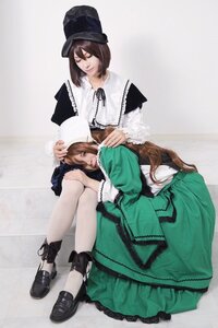 Rating: Safe Score: 0 Tags: 2girls brown_hair closed_eyes dress green_dress hat long_hair long_sleeves multiple_cosplay multiple_girls shoes short_hair siblings sisters sitting souseiseki suiseiseki tagme twins white_legwear User: admin