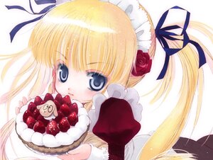 Rating: Safe Score: 0 Tags: 1girl blonde_hair blue_eyes cake flower food fruit hair_ribbon image long_hair ribbon rose shinku solo strawberry User: admin
