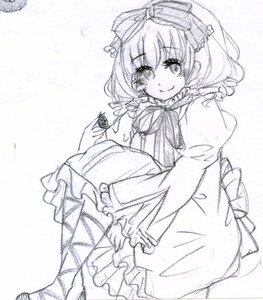 Rating: Safe Score: 0 Tags: 1girl blush bow dress drill_hair eyebrows_visible_through_hair frills hair_ribbon hinaichigo image looking_at_viewer monochrome puffy_short_sleeves puffy_sleeves ribbon short_hair sketch smile solo traditional_media twin_drills User: admin