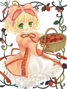 Rating: Safe Score: 0 Tags: 1girl apple basket blonde_hair bow dress food frills fruit green_eyes hina_ichigo hinaichigo image pink_bow ribbon short_hair solo strawberry User: admin