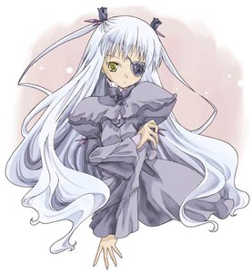 Rating: Safe Score: 0 Tags: 1girl barasuishou black_dress closed_mouth dress expressionless eyepatch flower_eyepatch full_body image juliet_sleeves long_hair long_sleeves looking_at_viewer puffy_sleeves ribbon rozen_maiden silver_hair sitting solo takano_natsuki very_long_hair yellow_eyes yokozuwari User: admin