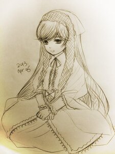 Rating: Safe Score: 0 Tags: 1girl artist_name auto_tagged dress frills image long_hair long_sleeves looking_at_viewer monochrome signature solo suiseiseki traditional_media very_long_hair User: admin