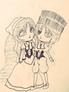 Rating: Safe Score: 0 Tags: 2girls bangs eyebrows_visible_through_hair full_body hat image long_hair long_sleeves looking_at_viewer monochrome multiple_girls pair short_hair smile souseiseki standing suiseiseki User: admin