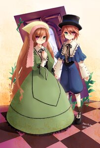 Rating: Safe Score: 0 Tags: 2girls argyle argyle_background argyle_legwear brown_hair checkered checkered_background checkered_floor chess_piece dress green_dress green_eyes hat heterochromia holding_hands image long_hair multiple_girls pair perspective red_eyes reflection short_hair siblings sisters souseiseki suiseiseki tile_floor tiles top_hat twins vanishing_point very_long_hair User: admin